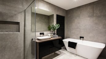 Modernes Badezimmer mit Duschbereich und Badewanne | © Adobe Stock