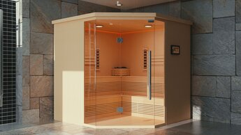 Klassische finnische Infrarot-Saunakabine aus Holz im Badezimmer Interieur | © Adobe Stock